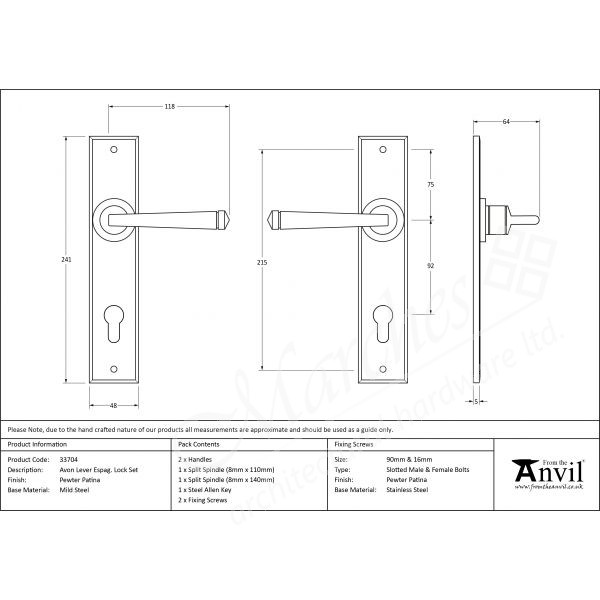 Avon Euro Espag Handles (92mm Centres) - Pewter - Marches Architectural ...